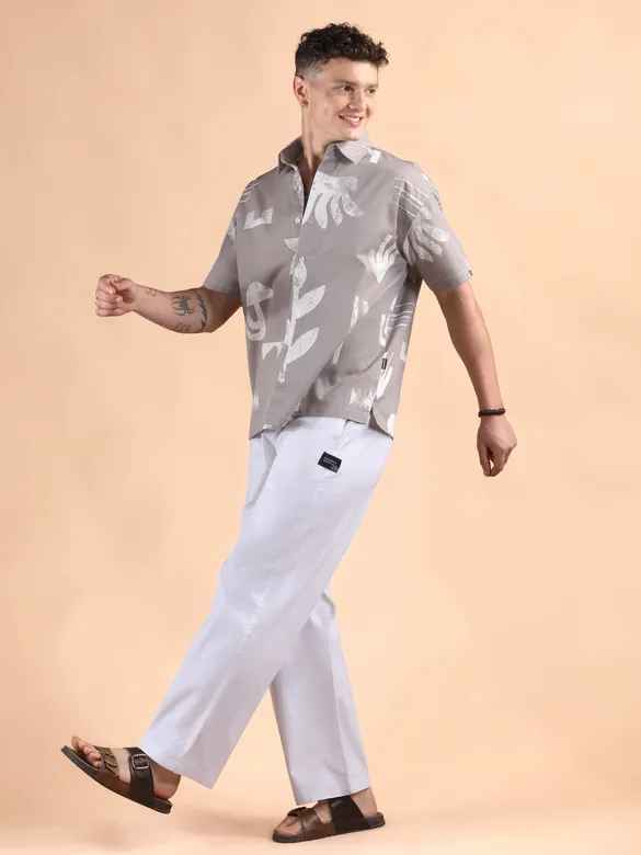 Light Mauve Printed Half Sleeve Cotton Shirt For Men